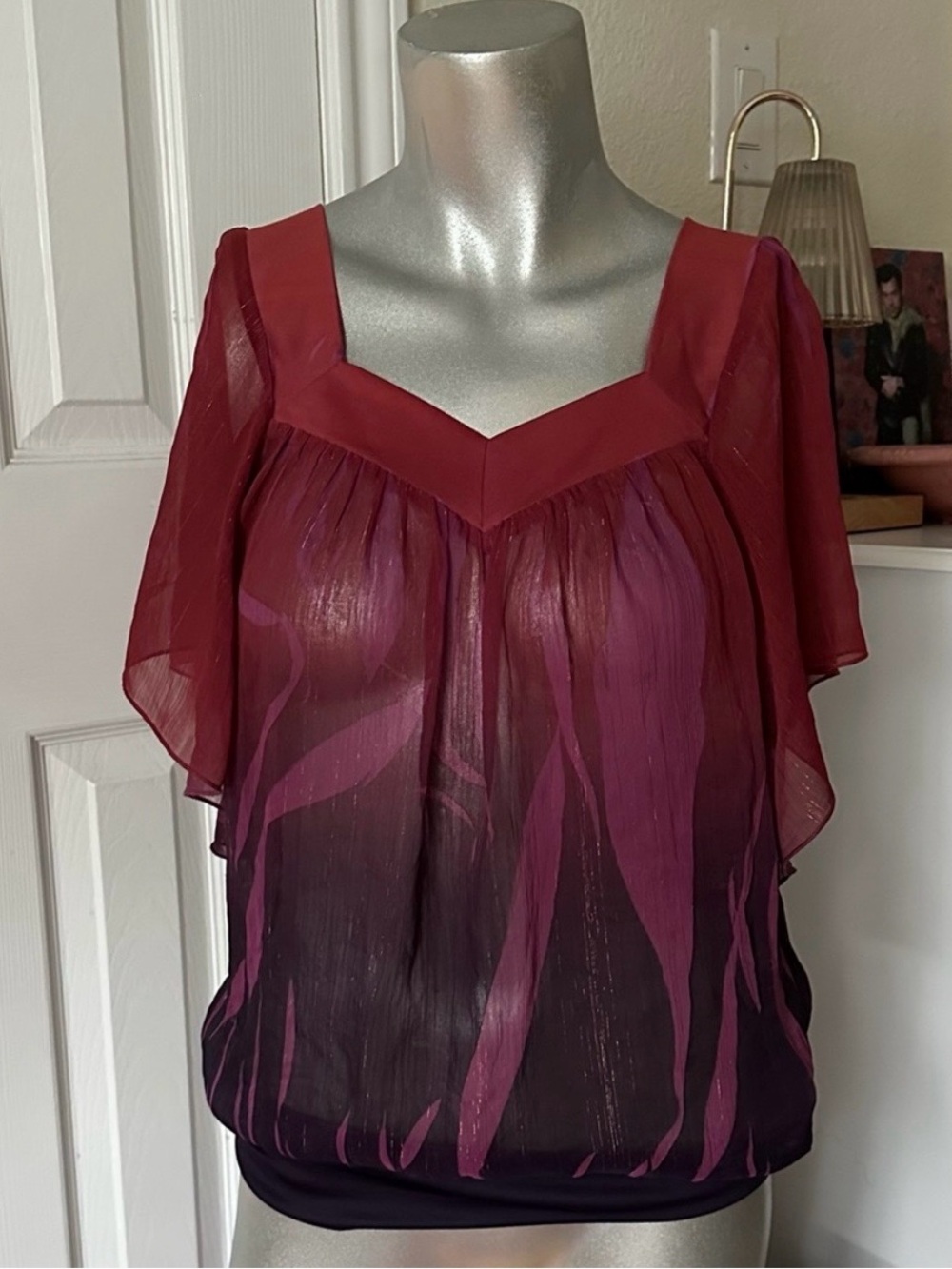 L8ter Y2K Rust & Purple Shimmery Ombre Batwing Sleeve Top